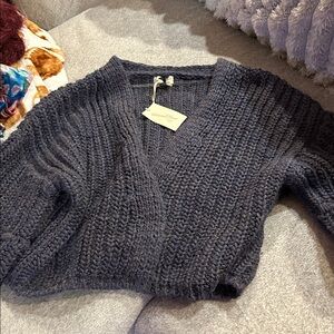 Blue and grayish space dyed bubble sleeve cardigan
